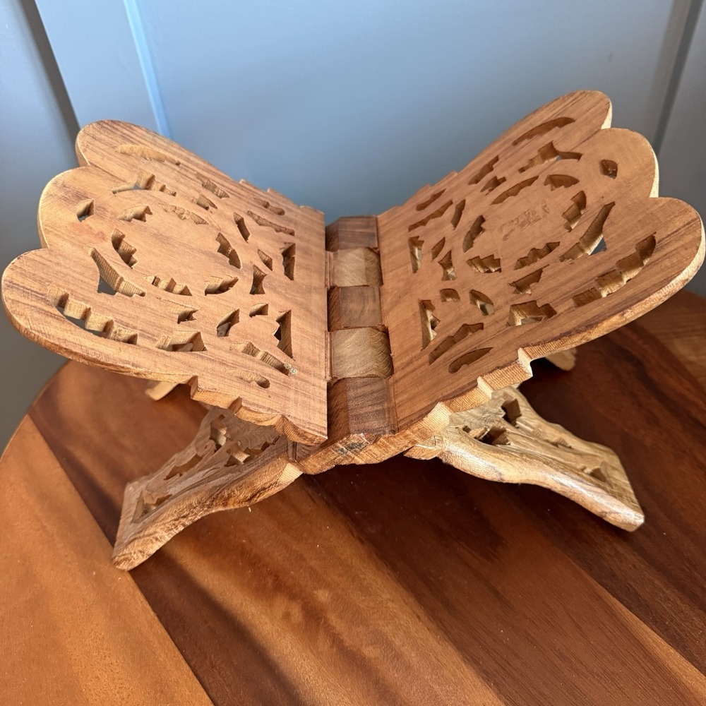 Vintage Hand Carved Wooden Book Stand Folding Rehal Display Holder Boho Decor - Picture 3 of 4